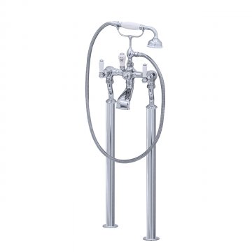 Bath/shower mixer on floorlegs with levers and a handshower in a cradle