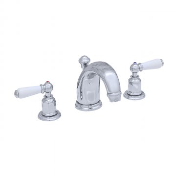 Three hole basin set with high spout and white porcelain levers