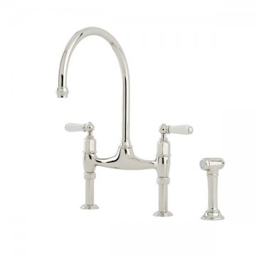 Ionian 2 hole bench mounted sink mixer with straight legs, porcelain lever taps & spray rinse