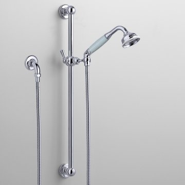 Rockwell Angled Handshower and Hose on Sliding Rail with Wall Outlet and option of Coloured Ceramic Handle 