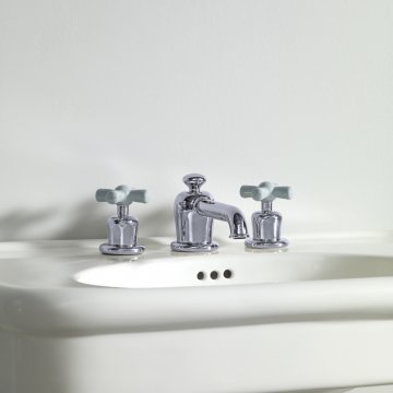 Rockwell Three Hole Low Spout Basin Mixer with option of Coloured Ceramic Crossheads