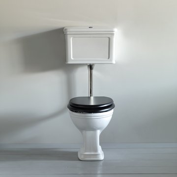 Lonsdale low-level toilet with dual-flush button and flush pipe.